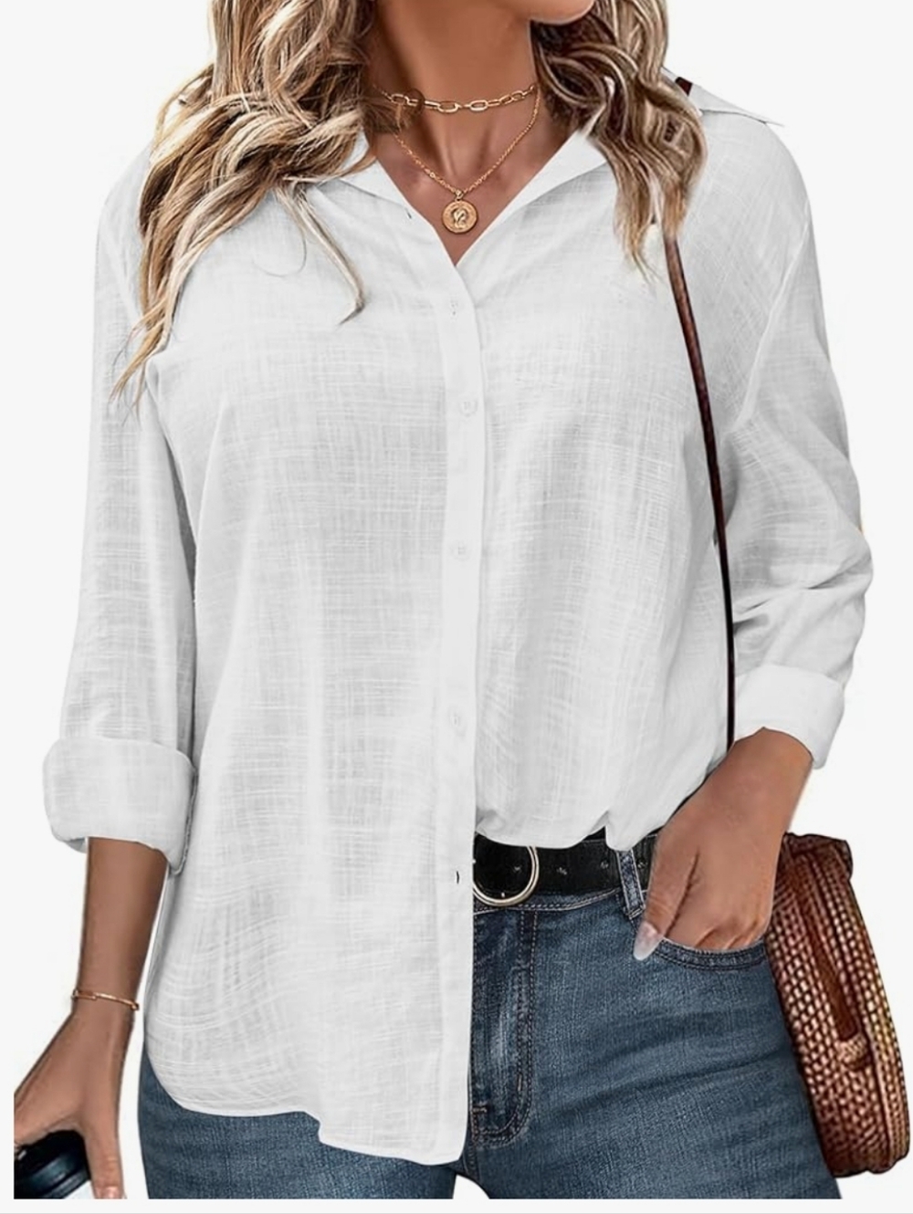 Cotton Linen Blend Button Down Size 16W White Gauze Top
